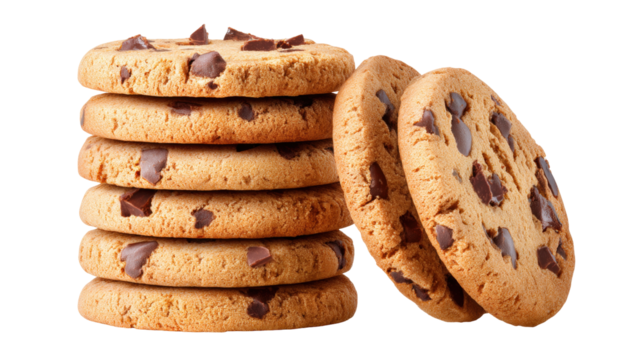 Chocolate chip cookie stack isolated on transparent background with delicious texture