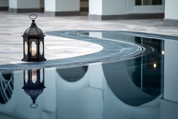 Reflection of ornate lantern in black marble floor distorted crescent moon above infinite reflection effect architectural minimalism 