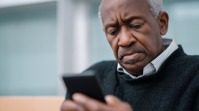 Senior African American man looking intently and with a slight frown at his smartphone.
