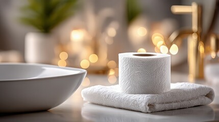 Close-up of Single Roll of Toilet Paper on Towel