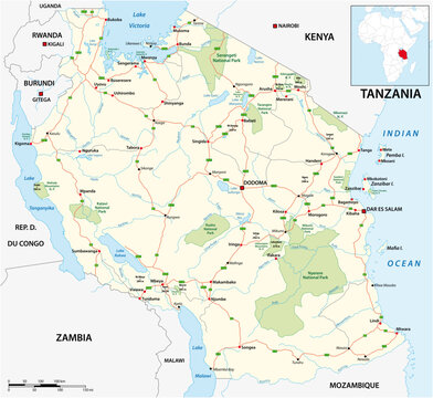 Road and National Park Vector Map of Tanzania