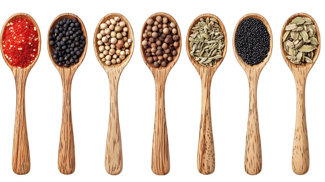Seven wooden spoons fill with varied spices in a row