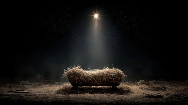 Manger Scene: The serene manger scene illuminated by a guiding star, a symbol of hope, faith, and the profound significance of the nativity. 