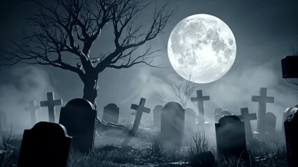 Spooky graveyard scene at night, full moon, fog, and crosses. - Powered by Adobe