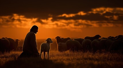 A Tender Scene: A shepherd kneels in silhouette, watching over a flock of sheep with a lamb, bathed in the warm, golden light of dawn or dusk, a touching image of pastoral care and serenity.
