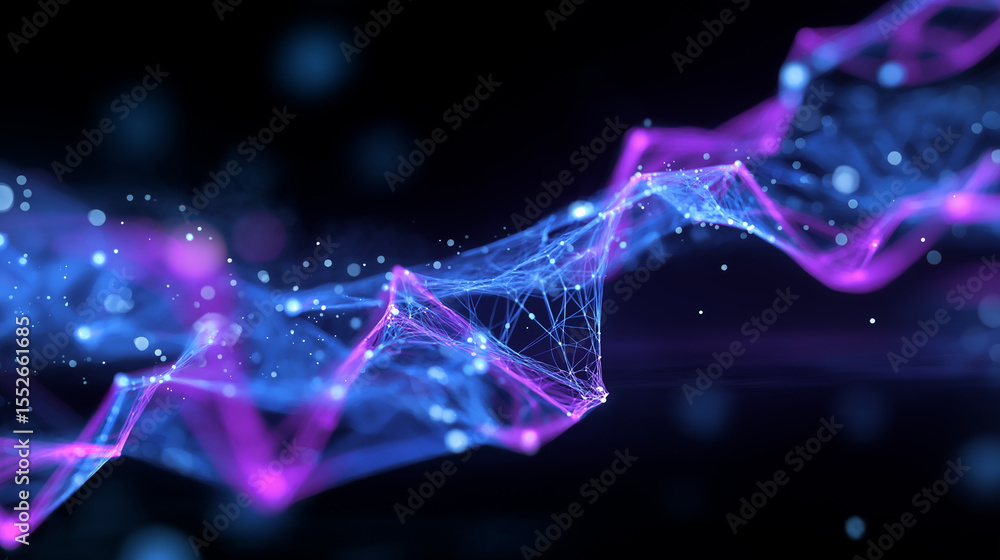 Poster an abstract, undulating landscape of interconnected glowing blue and purple particles, representing 