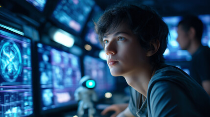 A focused young boy looks intently at multiple futuristic computer screens displaying complex data and graphics, with a small robot nearby.
