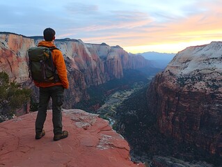 Person Gazing Over Valley from Cliff at Sunrise Premium AI-Generated Image for Inspirational Outdoor Living Visuals
hiker on the top of the mountain