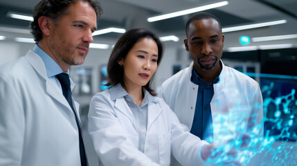 Three diverse scientists in lab coats intently observe and analyze a glowing blue holographic projection of complex data in a modern laboratory.
