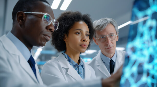 Three diverse scientists in lab coats intently observe and analyze a glowing blue holographic projection of complex data in a modern laboratory.