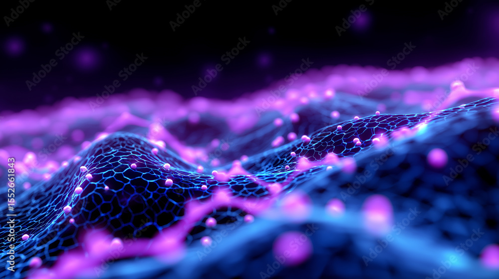Poster an abstract, undulating landscape of interconnected glowing blue and purple particles, representing 