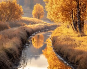 Golden autumn landscape with a narrow river reflecting the warm hues of the season