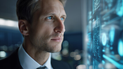 Hands interacting with a glowing digital map or network on a futuristic transparent screen.
