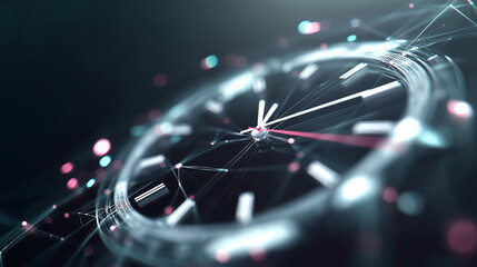 A close-up of a sophisticated watch face with glowing lines and particles overlay, symbolizing time, technology, and connectivity.
