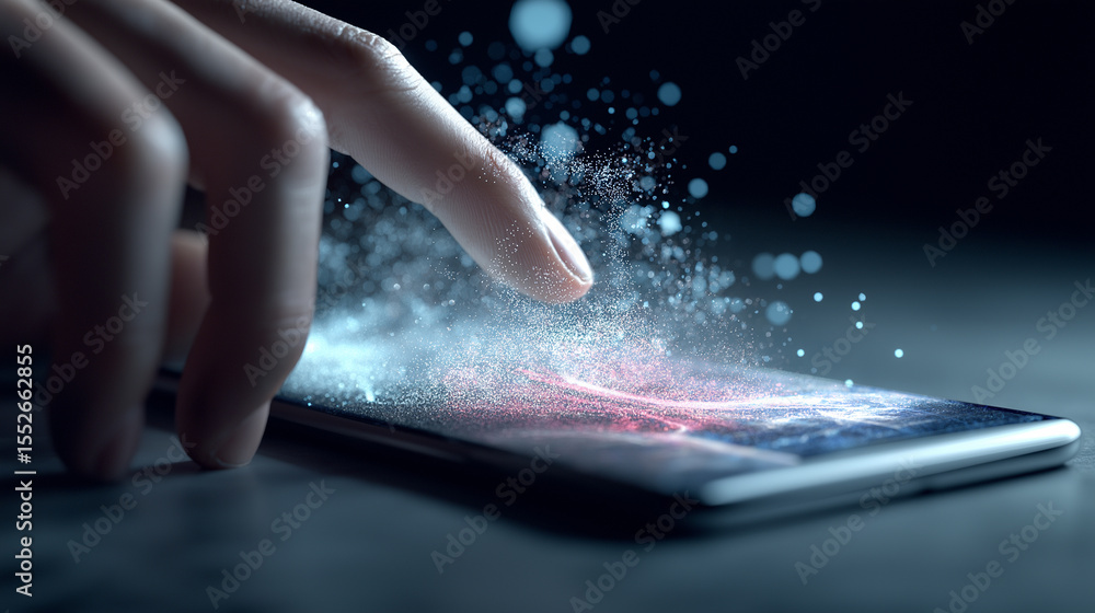 Poster a human finger interacts with a smartphone screen, generating a dynamic burst of glowing digital par