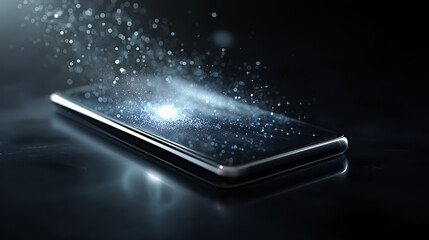 A smartphone displays a glowing, ethereal galaxy or data stream, with particles emanating upwards, symbolizing digital transformation and connectivity.