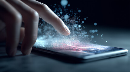 A human finger interacts with a smartphone screen, generating a dynamic burst of glowing digital particles and light, symbolizing advanced technology.
