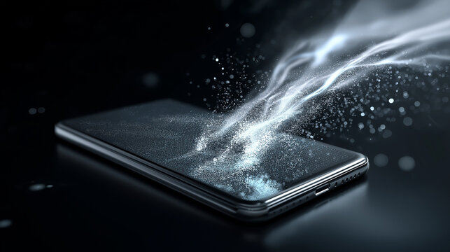 A smartphone displays a glowing, ethereal galaxy or data stream, with particles emanating upwards, symbolizing digital transformation and connectivity.
