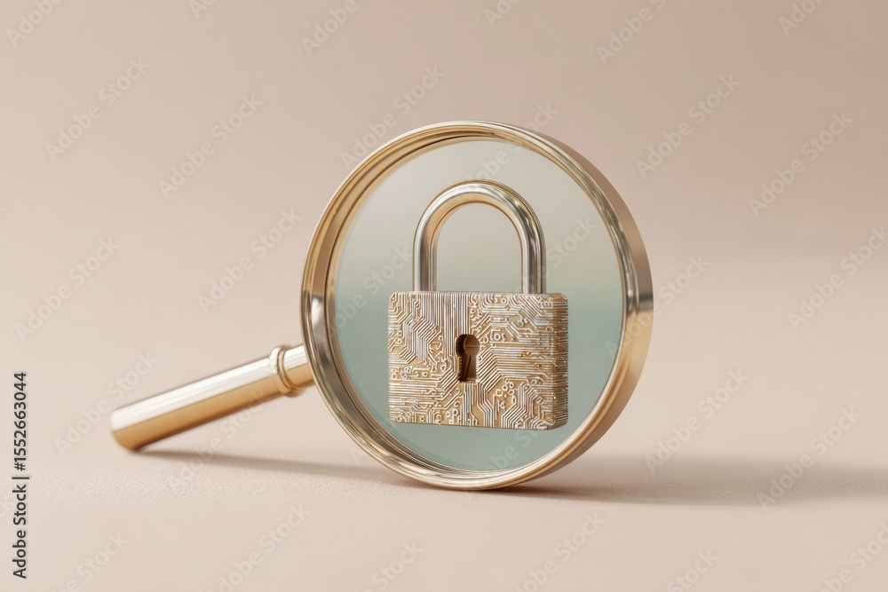 Poster Digital Security Audit Concept Showing Circuit Pattern Lock Under Magnifying Glass for IT Risk Assessment and Network Vulnerability Analysis