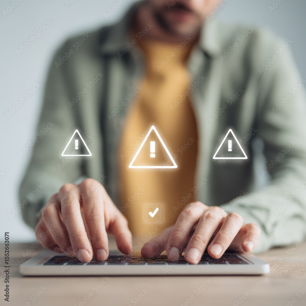 Poster Tech-Savvy System Engineer Typing on Laptop with Digital Error Alerts and Checkmarks for Proactive IT Workflow and Troubleshooting Solutions