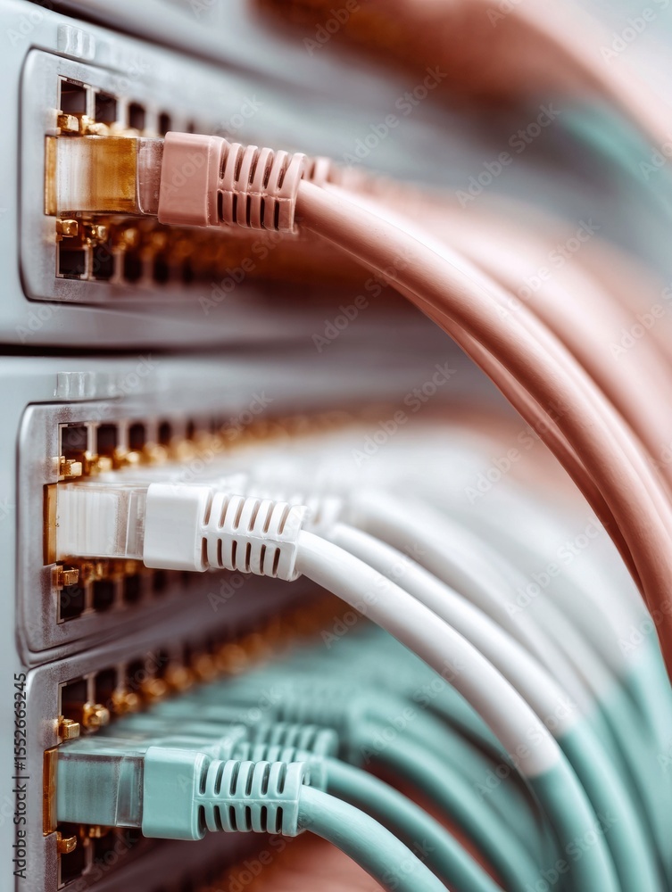 Aufkleber Close-up of Organized Network Backbone with Colorful Ethernet Cables in Modern Data Center Highlighting Seamless Connectivity and Digital Infrastructure Growth