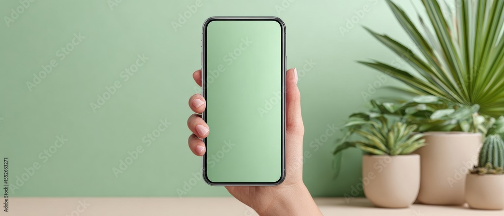 Poster modern hand holding smartphone with blank screen and financial transfer notification for fintech mar