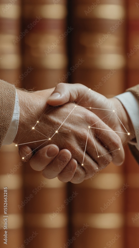 Poster Business handshake with digital P2P network overlay connecting user avatars symbolizing collaboration and partnership in modern business innovation