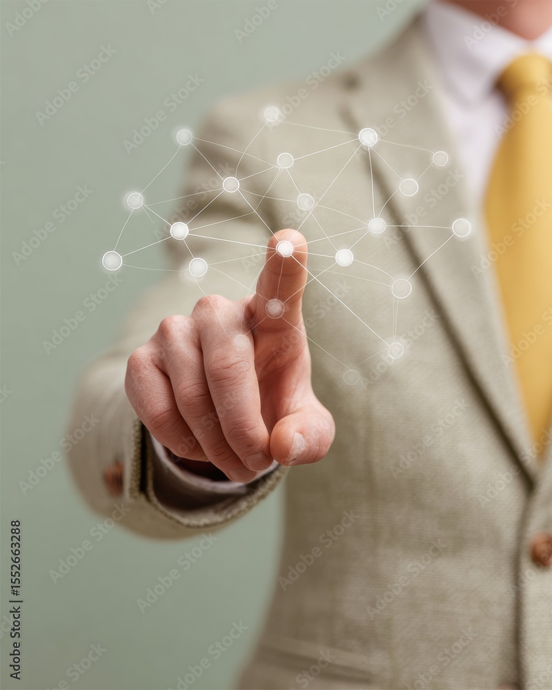 Aufkleber Modern businessman engaging with peer-to-peer digital network interface, fintech innovation, and automated business process concept for teamwork and connectivity