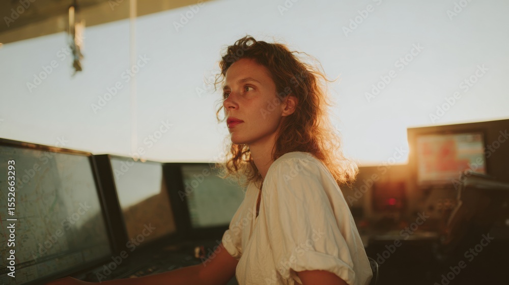 Poster Industrial Control Room Operator Monitoring Real-Time Data on Multiple Screens for Efficient Manufacturing and Process Optimization at Sunset