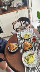 Cat tries to steal food from the table.Insolent assertive cat walks on the kitchen table. Stylish...
