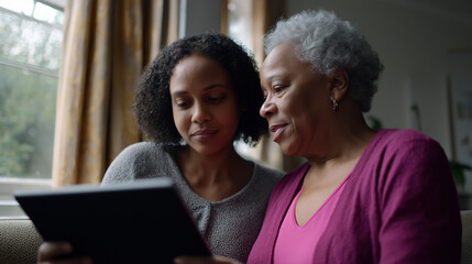 Young African American woman and an elderly African American woman looking at a tablet together.