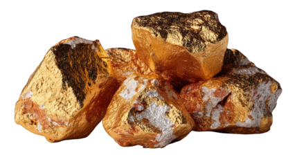 Shiny gold nuggets stacked. Isolated. Close-up. Rich