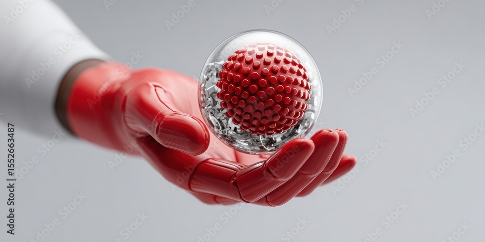 Poster Futuristic Red Robotic Hand Holding Digital Sphere with Cogwheel and Network Nodes Symbolizing Wireless Systems Update and Tech Innovation