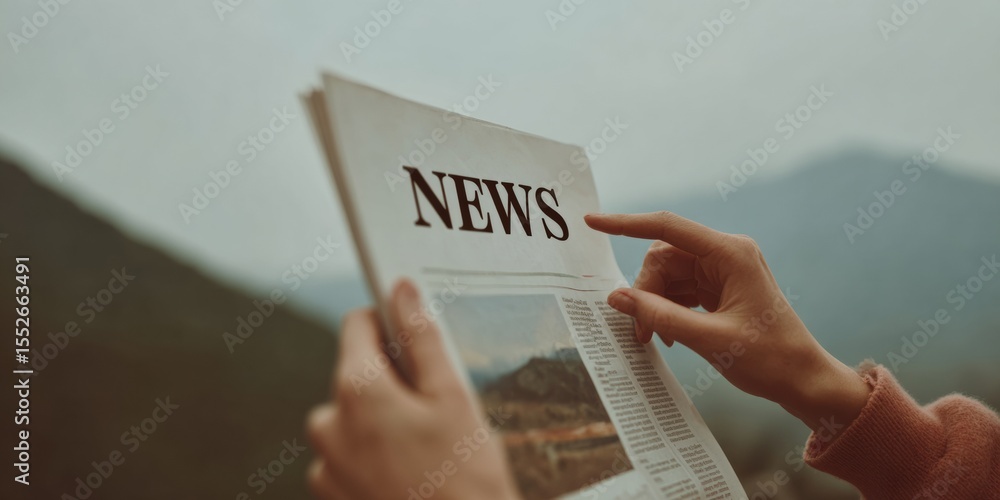 Poster Digital News Update on Tablet with Finger Pointing in Corporate Workspace - Real-Time Global Headlines and Fast Information Access for Business Communication