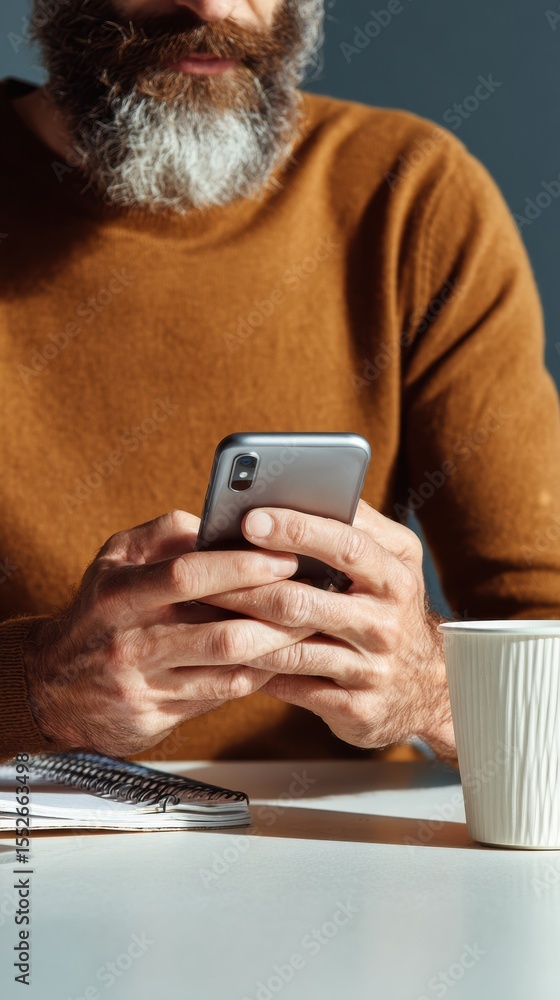 Aufkleber Focused man using smartphone for instant wireless updates with notebook and coffee in modern office, symbolizing digital connectivity and real-time work flow