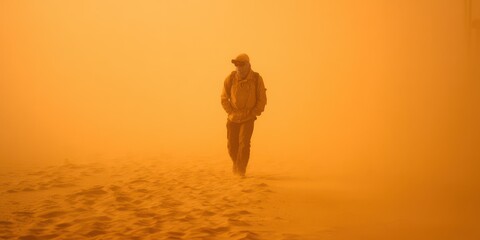 Lone figure braving the orange dust storm, highlighting environmental challenges