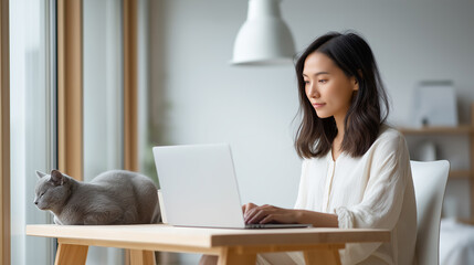 A focused Asian woman works on her laptop at a clean wooden desk, with a grey cat relaxing nearby by a large window.

