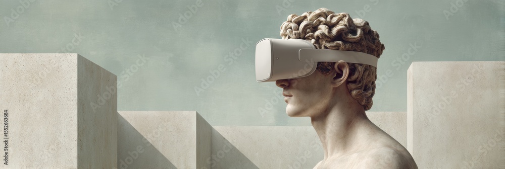Aufkleber classical sculpture of david wearing virtual reality headset in minimalist setting symbolizing fusio
