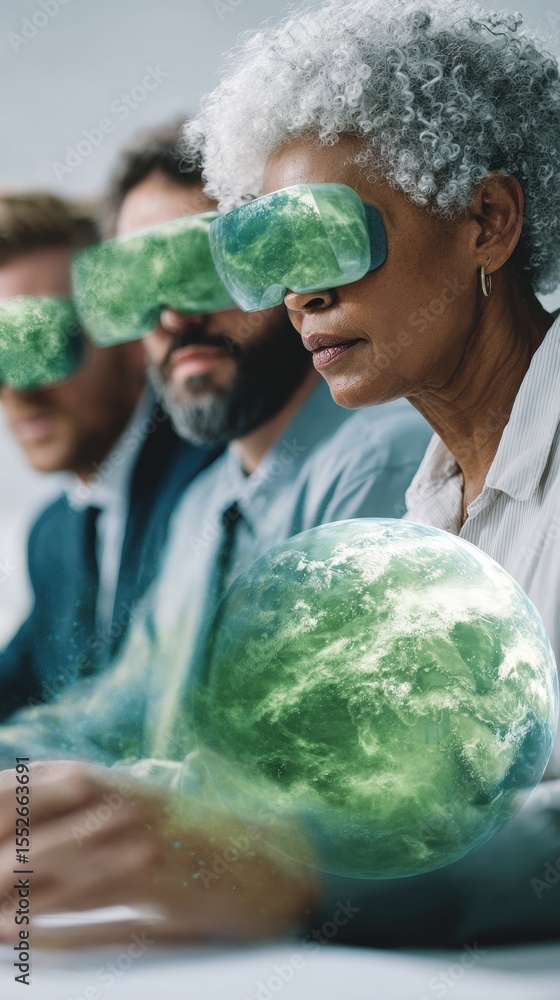 Poster diverse business professionals wearing vr headsets interacting with holographic earth in modern offi