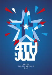 Obraz na płótnie Canvas 4th of July USA Happy Independence Day poster and greeting card. USA abstract stars with sparkle fireworks above white compact bold typography lettering message 4th of July on blue background