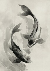 Elegant monochrome illustration of two koi fish swimming gracefully in a serene pond