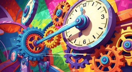 Clock and Gear Abstract Colorful Illustration