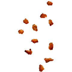 A scattered arrangement of crispy, fried snack pieces against a white background.