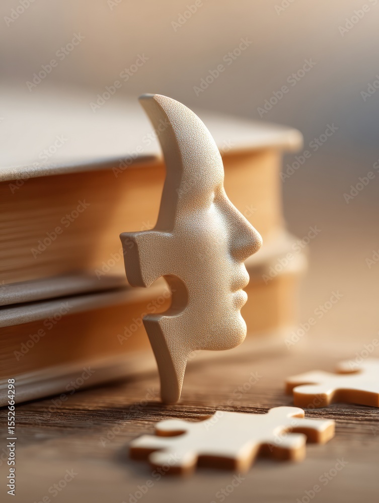 Poster modern wooden puzzle piece in human profile with missing part on table symbolizing team loss and wor