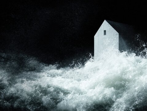 Fototapeta Powerful river swell flooding stone houses symbolizing natural disaster risk, urgent preparedness, climate resilience, and property protection in insurance marketing