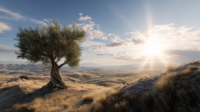 A lone olive tree stands prominently on a dry, rolling hill at sunset, with dramatic sun rays breaking through the clouds over a vast landscape.
