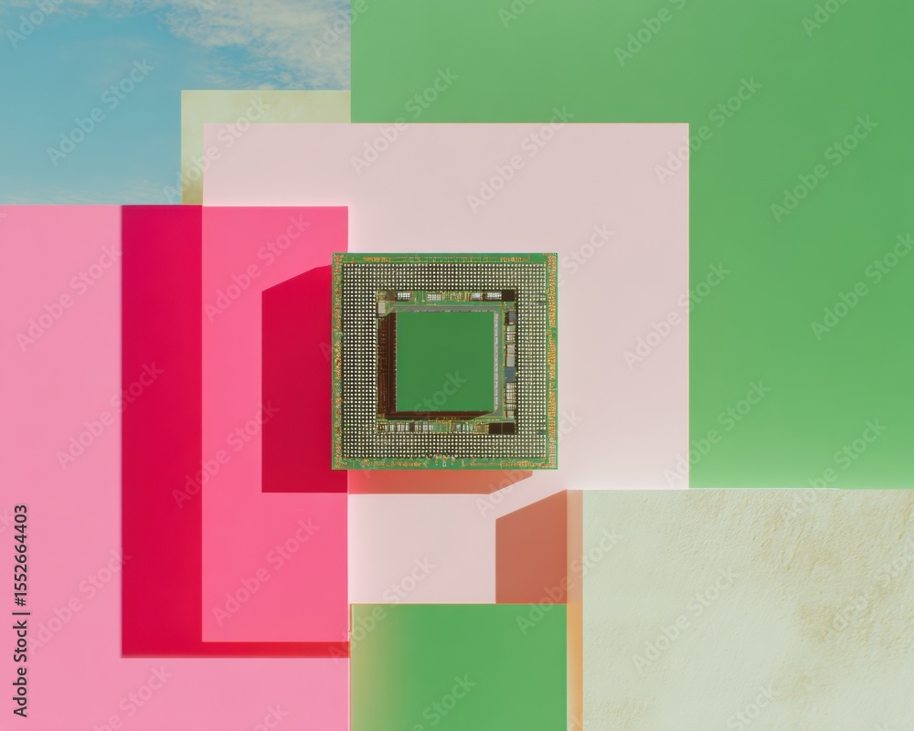 Aufkleber Advanced Quantum Computer Core Module on Colorful Geometric Background for Tech Innovation and High-Performance Computing Marketing