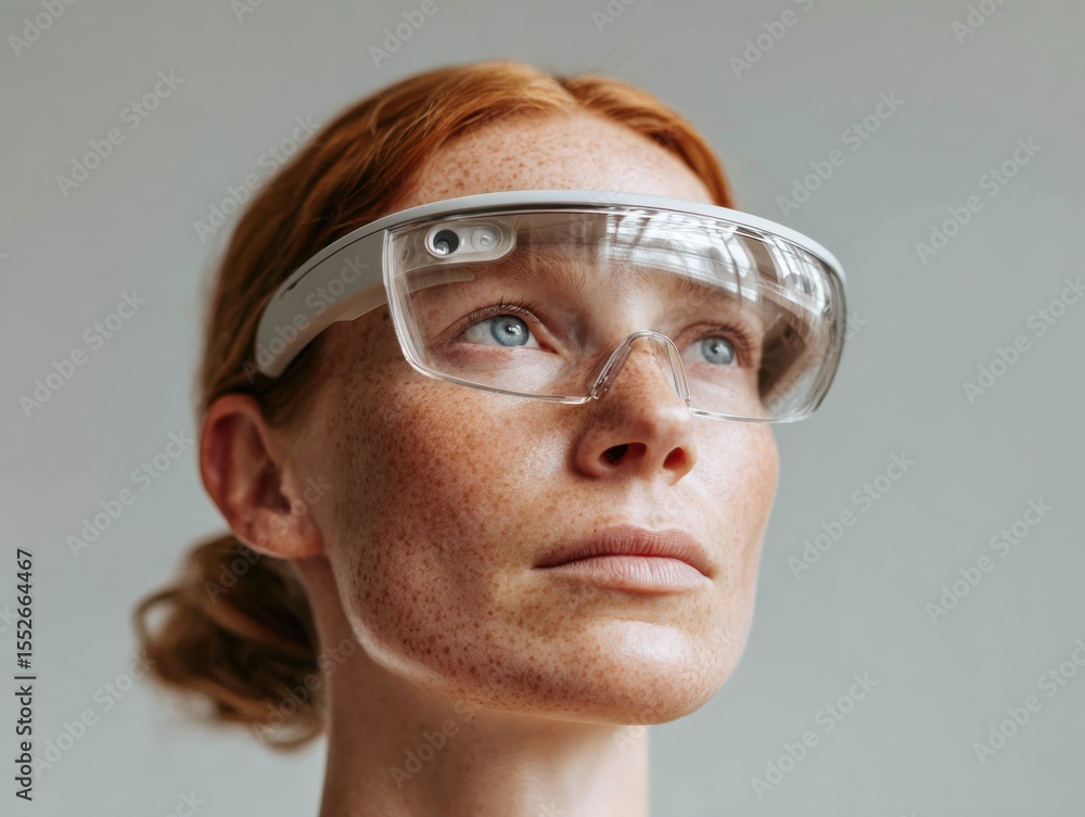 Poster futuristic woman wearing augmented reality visor focused on advanced quantum analytics in modern tec