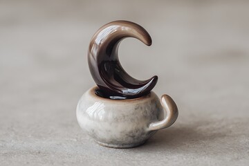 Chocolate sculpted crescent moon cradling espresso shot steam swirl convergence minimalist ceramic setting monochromatic elegance 