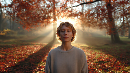 A serene woman stands directly in front of the sun, which forms a halo behind her head in a vibrant autumn forest, symbolizing nature, spirituality, and peace.
